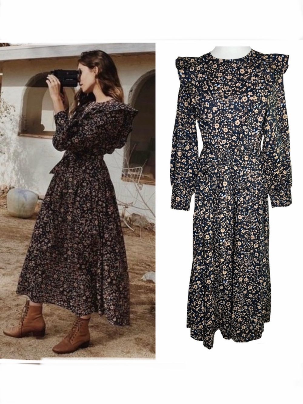 Christy Dawn Beau Midi Dress Size Large Navy Anemone Vine Calico Modest Prairie